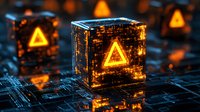 Glowing orange warning triangles on futuristic digital cubes with circuit patterns, dark background with multiple elements creating depth and technology concept.