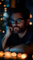 Bearded man in glasses illuminated by warm bokeh lights at night, contemplative expression, dark moody atmosphere creates dramatic portrait with orange and blue tones.