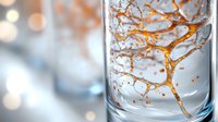 Artistic macro shot of golden liquid splashes frozen in motion inside glass container with bokeh background, creating organic tree-like branching patterns.