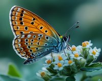 Orange and blue spotted butterfly with intricate wing pattern perched on small white flowers against blurred green background, macro nature photography.