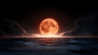 Dramatic blood moon rising over dark ocean waves with glowing orange moonlight reflecting on stormy waters and moody clouds in night sky.