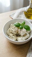 Fresh feta cheese cubes with herbs and basil in white bowl on wooden table with olive oil bottle for Mediterranean cooking and healthy eating.