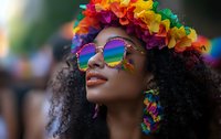 Young African American woman with natural curly hair wearing rainbow flower crown and reflective rainbow sunglasses at pride festival celebration, expressing joy and unity.