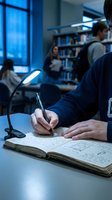 Student writing in notebook under desk lamp in library with classmates studying in background. Educational setting for learning, homework, and academic research.