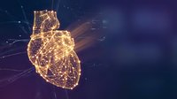 Digital wireframe heart with glowing orange connections and data streams on dark blue background for medical technology and healthcare innovation concepts.