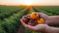 Farmer hands holding colorful mini pumpkins at sunset in agricultural field. Autumn harvest season concept for organic farming and seasonal produce marketing.