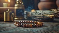 Wooden prayer beads bracelet with ornate metal accent on rustic table with sage smudge stick and meditation accessories in mystical atmosphere.