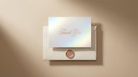 Elegant thank you card with holographic shimmer and rose gold wax seal on beige envelope, soft shadow light, luxury stationery mockup.