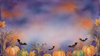 Autumn harvest scene with pumpkins, gourds, dried plants, and flying bats against a twilight sky with purple and orange clouds, suitable for fall and seasonal designs.