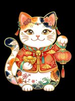 Maneki-neko lucky cat with raised paw, ornate red and gold robe, decorative bows, and hanging lantern charm. Isolated on transparent background, ready for t-shirts, stickers, clipart, and print-on-demand designs.