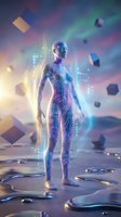 Futuristic humanoid android with glowing circuit patterns standing in digital space with floating geometric shapes and holographic interface elements.
