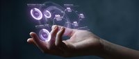 Businessman hand holding glowing purple digital network icons and data connections, representing cloud computing, technology infrastructure, and wireless communication systems.