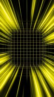 Neon yellow grid tunnel with radiating light rays creating depth and perspective effect on black background for digital design.