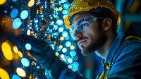 Industrial technician in protective helmet examining illuminated circuit board with blue and yellow bokeh lights creating futuristic atmosphere in dark environment.