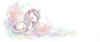Cute unicorn with rainbow mane resting among pastel flowers and stars on white background. Magical fantasy creature for children's designs and nursery decor.