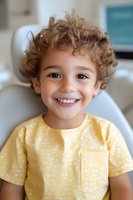 Cheerful mixed-race boy with curly hair wearing yellow polka dot t-shirt smiling at camera. Close up portrait showing genuine happiness and positive emotions.