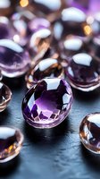 Purple amethyst gemstones scattered on dark surface with bokeh lighting effects creating luxury jewelry and precious stone collection display.