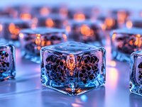 Glowing ice cubes with orange light and blue reflections create magical atmosphere on reflective surface, abstract macro photography with bokeh effect in background.