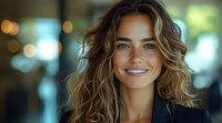 Young Caucasian woman with wavy blonde highlighted hair and bright smile against blurred bokeh background. Natural makeup and confident expression showcase modern beauty.