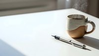 Steaming coffee mug with pen on clean white desk surface creating minimalist workspace atmosphere for productivity and focus.