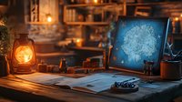 Atmospheric workspace with glowing oil lamp, illuminated map on screen, and vintage navigation tools on wooden desk, creating adventurous mood in dim lighting.