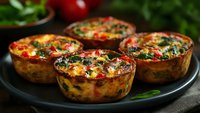 Savory egg muffins with spinach, tomatoes, and cheese baked in muffin tin, served on dark plate. Fresh herbs and vegetables create healthy breakfast option.