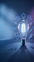 Glowing filament light bulb surrounded by holographic medical icons on dark blue background, symbolizing healthcare innovation and creative solutions.