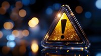 Warning triangle sign with exclamation mark glowing against bokeh lights background for safety alerts and caution messages in business presentations.