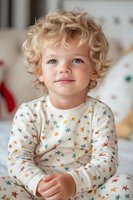 Young child with blonde curly hair wearing star-patterned white pajamas smiles warmly at camera. Soft natural lighting creates gentle mood in cozy home setting.