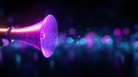 Glowing pink megaphone with sparkling particles emitting light against dark background with bokeh effect, representing communication and announcement concept.