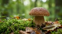 Brown cap mushroom growing in moss covered forest floor with fallen autumn leaves and natural green bokeh background.