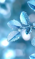 Delicate blue leaves covered in morning dew drops create ethereal natural macro photography with soft bokeh background and crystalline water droplets.