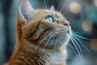 Close-up portrait of ginger cat with bright blue eyes looking up against blurred bokeh background, showing detailed whiskers and soft fur texture.