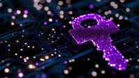 Glowing purple key symbol on circuit board background with bokeh lights and digital connections represents cybersecurity and data protection concept.