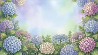 Watercolor hydrangea flowers frame with pastel blue, purple and pink blooms on soft gradient background for spring garden design projects.