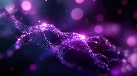 Abstract purple glowing particles wave with bokeh effect on dark background, flowing magical dust trail with sparkling light elements.
