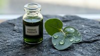 Green herbal essence oil in glass bottle with fresh leaves and water droplets on natural stone surface for aromatherapy and wellness treatments.