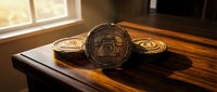 Cryptocurrency coins arranged on wooden surface with natural light from window, representing digital assets and blockchain technology for finance concepts.