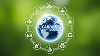 Carbon capture technology concept with Earth globe surrounded by environmental sustainability icons on green background for climate solutions.