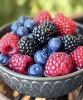 Mixed berries including raspberries, blackberries and blueberries in decorative bowl. Fresh summer fruit arrangement for healthy eating, nutrition, desserts and culinary use.