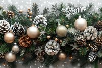 Festive winter arrangement with champagne ornaments, frosted pinecones, and evergreen branches against dark background with falling snow effect for holiday decor.
