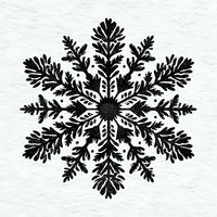 Black silhouette snowflake with intricate leaf-like pattern on white textured background, suitable for winter holiday designs and seasonal graphics.