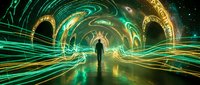 Silhouette of person walking through futuristic digital tunnel with glowing green and gold light trails creating dynamic energy portal effect.