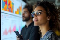 Young African American businesswoman with curly hair and glasses analyzing data charts with colleague. Professional team reviewing financial statistics.