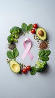 Pink ribbon surrounded by healthy organic vegetables and superfoods on gray background for breast cancer awareness and nutrition education campaigns.