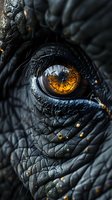 Extreme close-up of mythical dragon eye with amber iris, detailed black scaly skin texture and tiny golden sparkles, dramatic lighting creates mysterious mood.