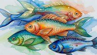 Colorful watercolor fish swimming together in vibrant blues, greens, oranges and yellows with flowing fins and scales in artistic marine composition.