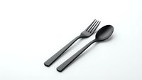 Black matte fork and spoon cutlery set isolated on white background for modern kitchen dining and restaurant table setting design.