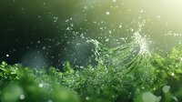 Fresh morning dew drops splash and sparkle on green moss in sunlight, creating magical natural bokeh effect with water droplets and light rays in forest.