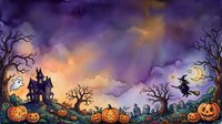Spooky Halloween watercolor scene with haunted house, witch on broomstick, glowing pumpkins, ghost, and crescent moon on purple sky.